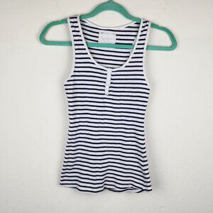 Cache Cache France Blue White Stripe Ribbed Henley Tank Top sz 1/XS